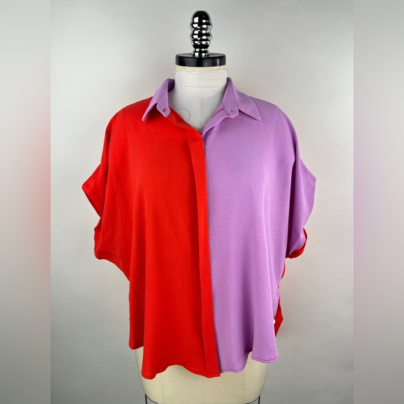 Tops - 💚 3007. Color Blocking High Low Button Front